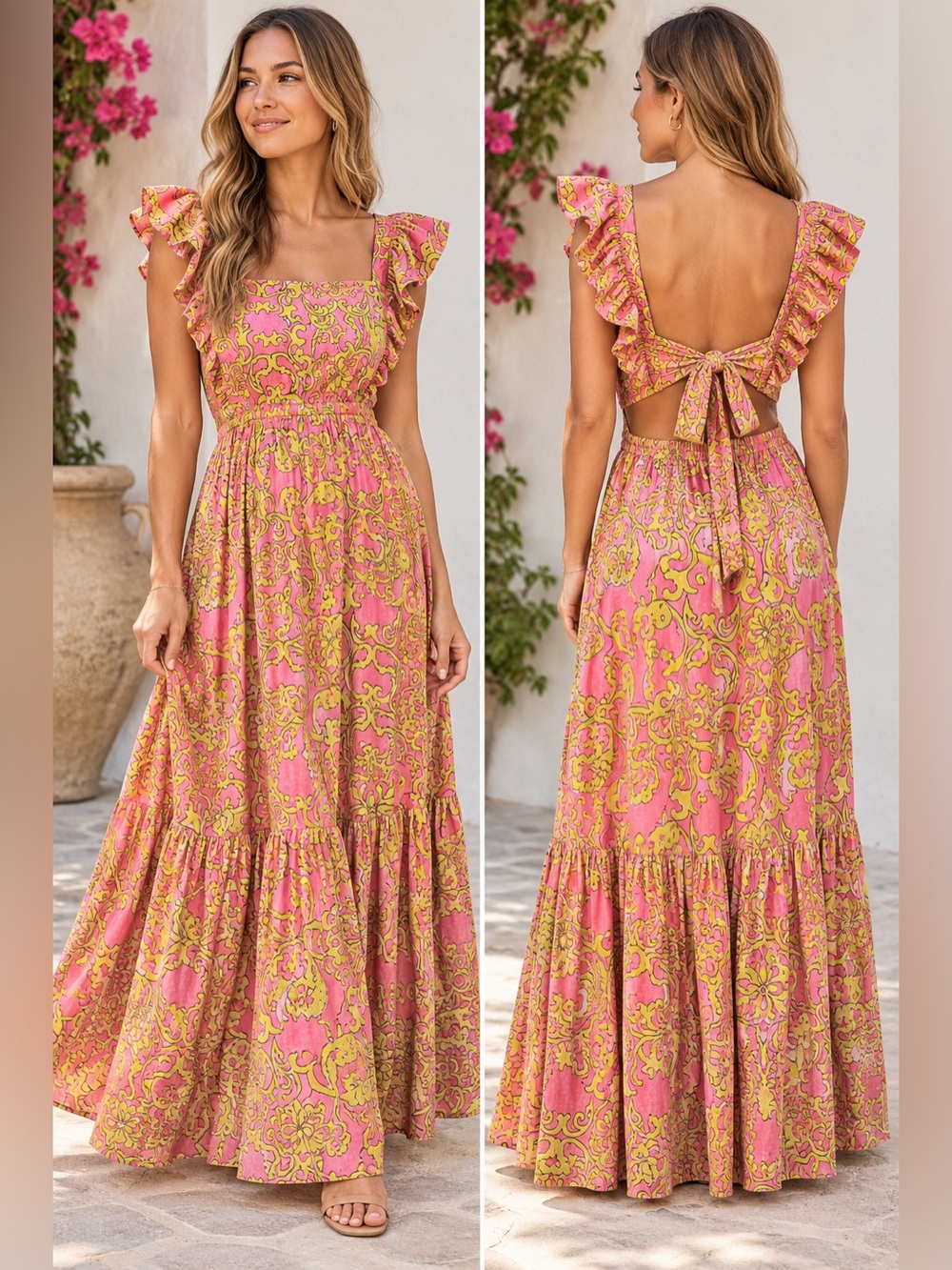 MISA Los Angeles Pink Green Ruffle Tie Back Maxi Dress XL NWT